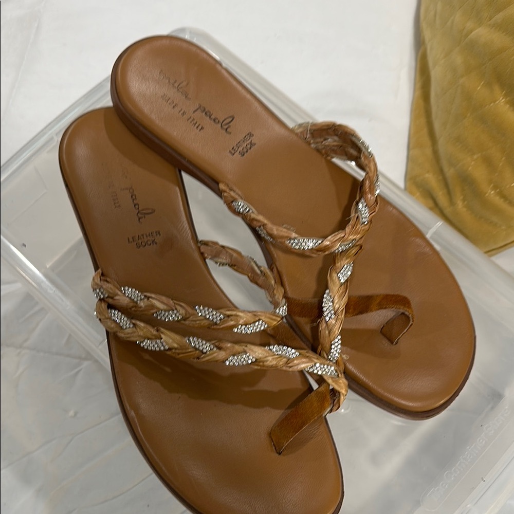 Mila Paoli Tan and Silver Braided Sandals